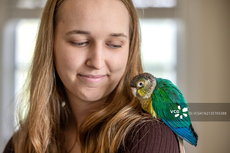 绿颊锥尾鹦鹉和年轻女人图片素材