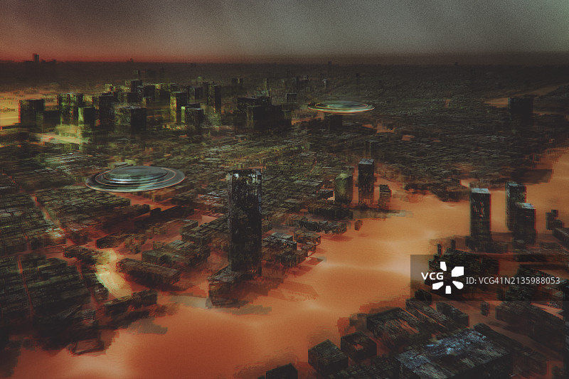 外星不明飞行物飞过被摧毁和淹没的城市图片素材
