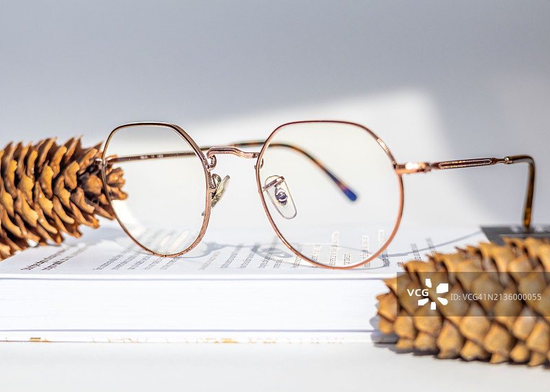 桌上的眼镜和松果特写图片素材