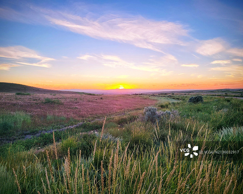 美国爱达荷州邦纳维尔县的日落田野风光图片素材