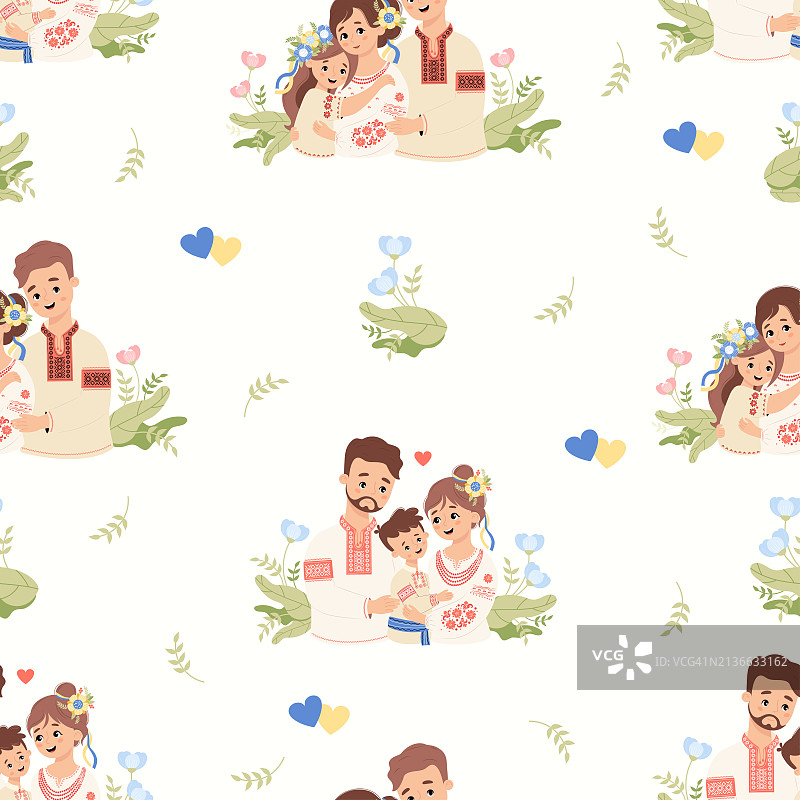 文化无缝图案：可爱的乌克兰家庭，穿着传统刺绣服装的父母和子女，白色背景，鲜花和黄蓝色爱心矢量图图片素材