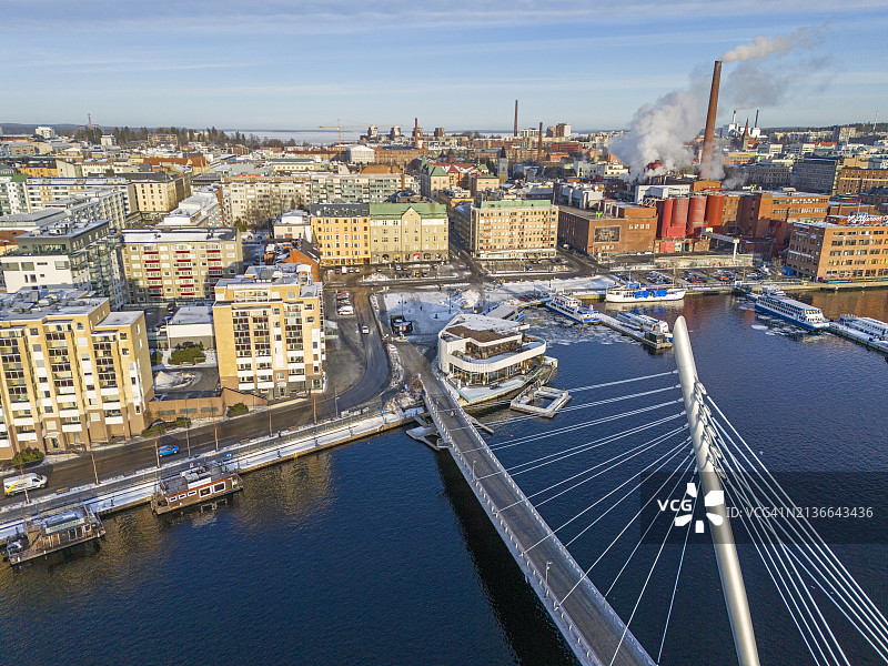 悬索桥、河流、城市与工厂航拍图片素材