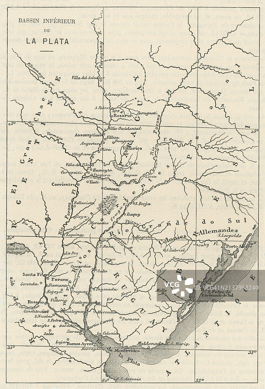 南美洲拉普拉塔河流域旧版雕刻地图图片素材