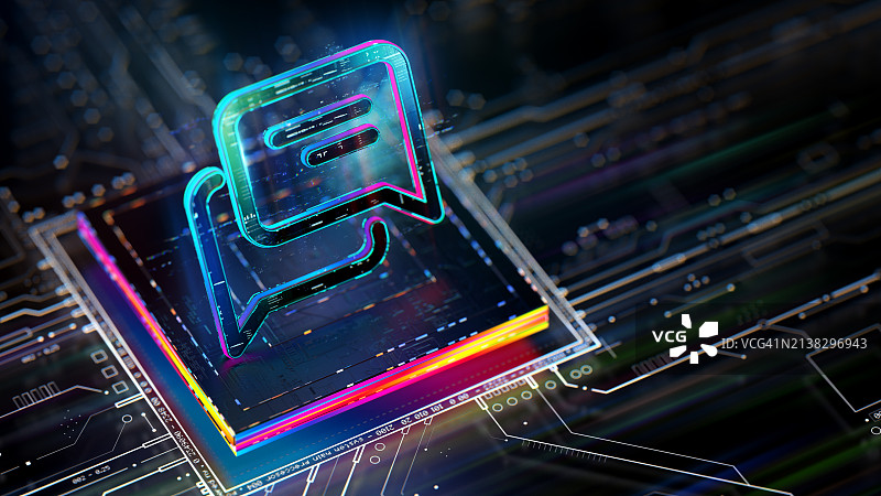 数字背景上的在线聊天图标：聊天支持发展，技术进步和创新世界中的未来派聊天图标CGI 3D渲染图片素材