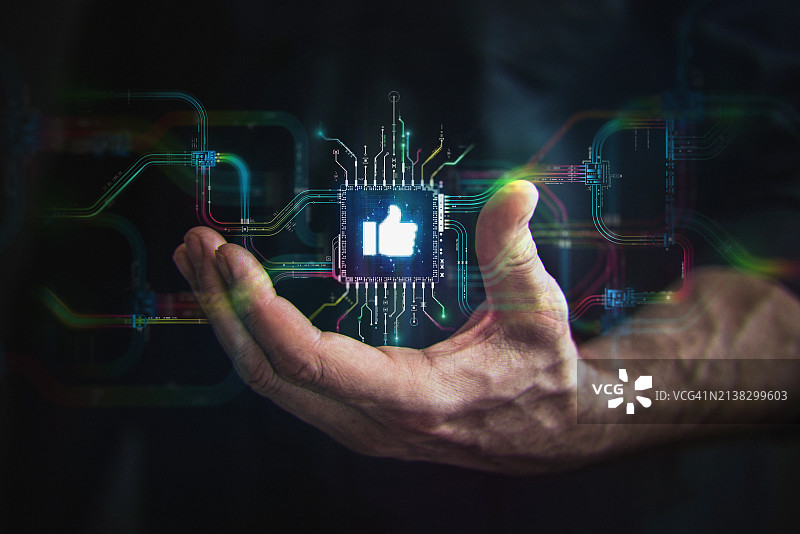 生产力与评级演变。未来主义的竖起大拇指图标概念图片素材