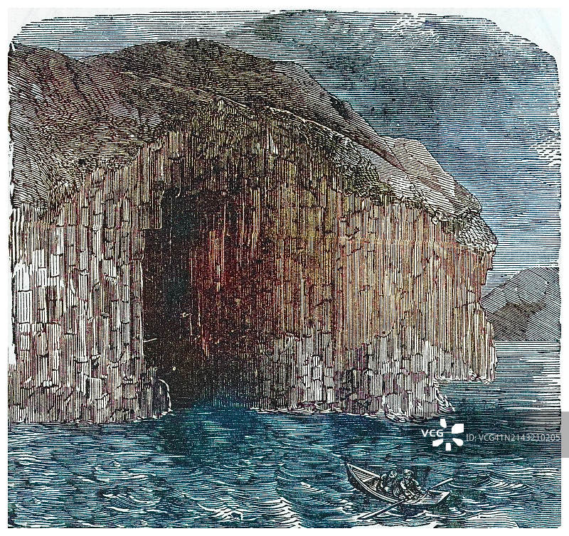 苏格兰斯塔法岛芬格尔洞穴复古版画插图，以自然音响效果而闻名图片素材