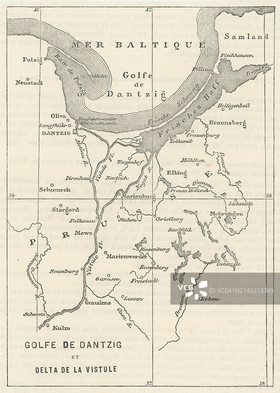 波兰格但斯克湾和维斯瓦河口老式雕刻地图图片素材