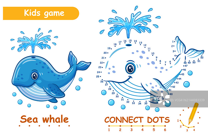 可爱的海洋鲸鱼，连接点数字儿童教育益智游戏。蓝色游泳鱼。海洋水生动物角色。绘制图片连接虚线。着色页。儿童学习活动工作表。矢量图图片素材