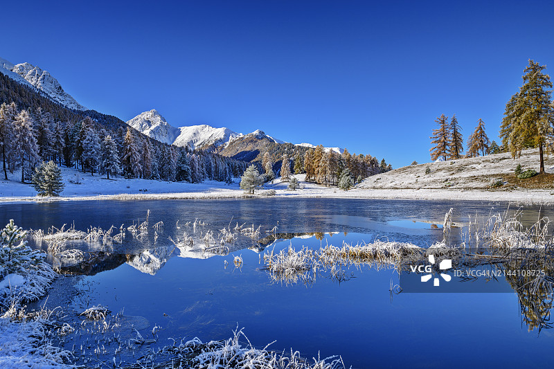 莱纳尔湖与雪山阿尔卑斯山的倒影，瑞士格里松图片素材