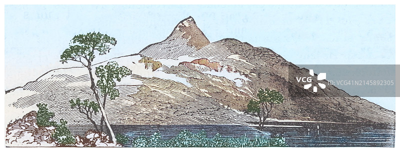 苏格兰高地本·洛蒙德山古老雕刻插图图片素材