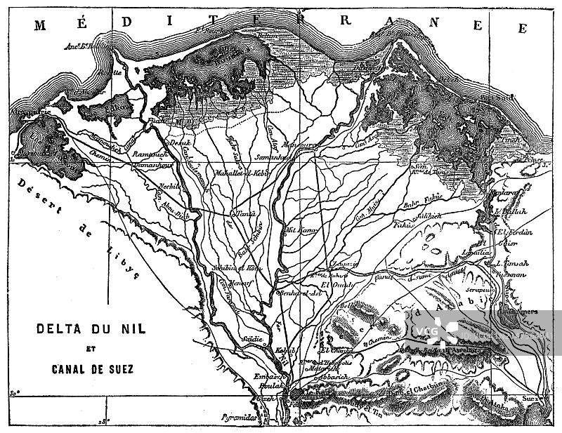 埃及尼罗河三角洲和苏伊士运河古董地图图片素材