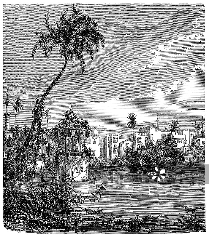 尼罗河三角洲港口城市罗塞塔附近的古老雕刻插图图片素材