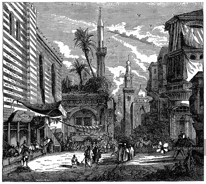 埃及开罗街道景观的古老雕刻插图 - 伊本·图伦清真寺图片素材