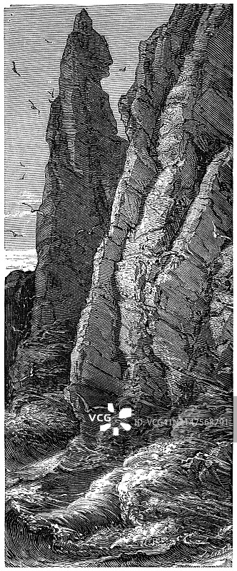 埃特雷塔悬崖（阿拉巴斯特海岸）古老雕刻插图，塞纳河与索姆河之间绵延140公里的白垩悬崖图片素材