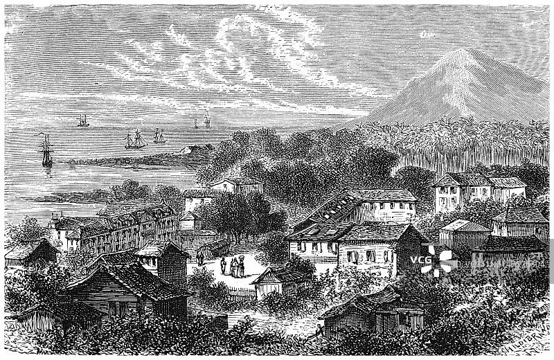 法属圭亚那首府卡宴古董雕刻插图图片素材