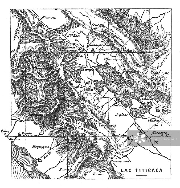 的的喀喀湖古老版画地图，的的喀喀湖是位于玻利维亚和秘鲁边界的安第斯山脉中的一个大型淡水湖图片素材