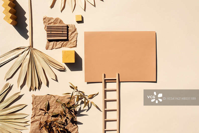 时尚干花、树枝和棕榈叶文具套装。硬光和阴影的空白卡片模型。待办事项列表，贺卡。生态概念。自然背景。图片素材
