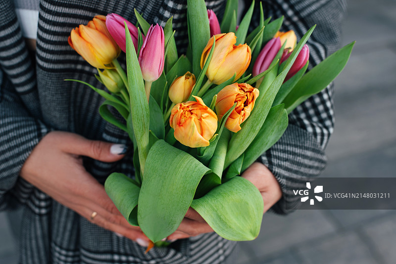 女人手捧郁金香花束图片素材