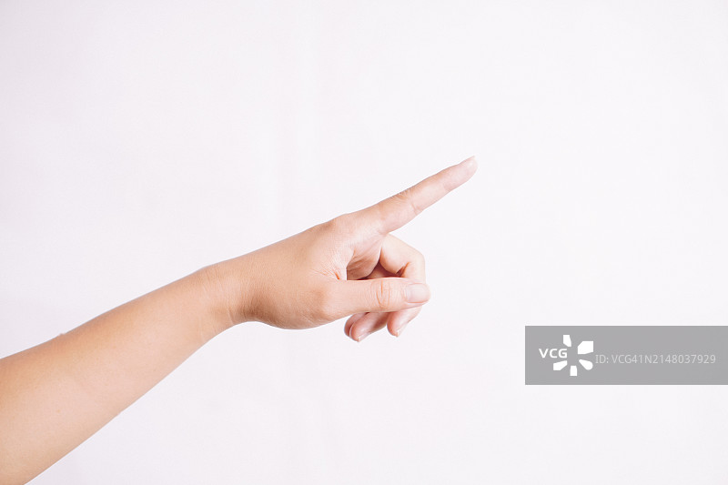 女人手指触摸或指向白色背景上的物体图片素材