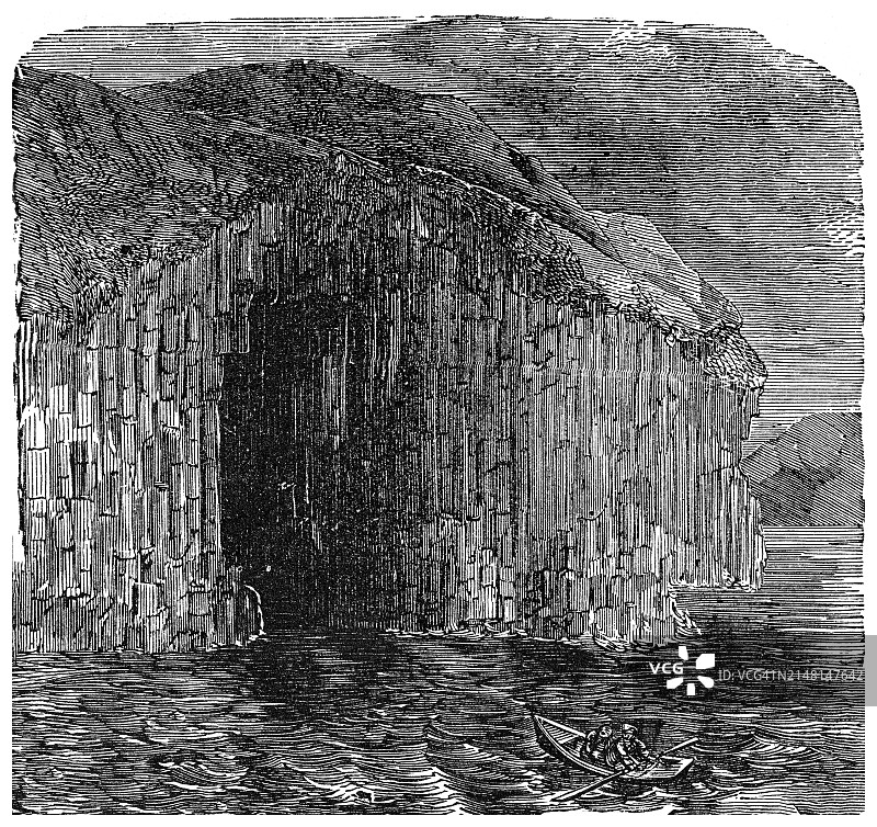 苏格兰斯塔法岛芬格尔洞穴复古版画插图，以自然音响效果而闻名图片素材