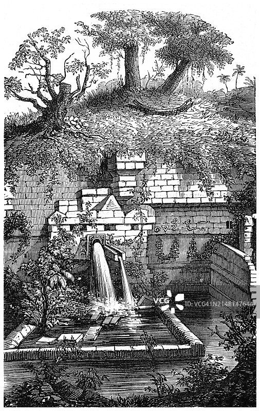 爪哇岛哲洛克·通多喷泉古版画，印度尼西亚图片素材