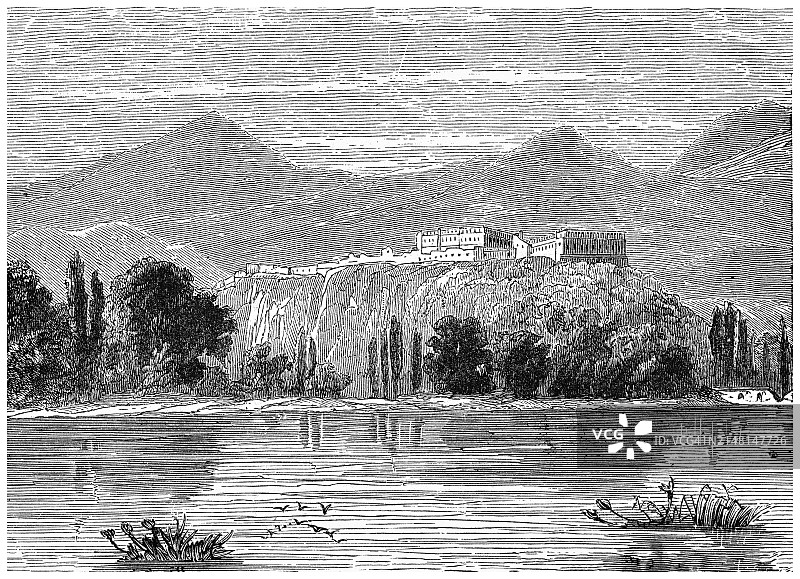 墨西哥城查普尔特佩克城堡古版画插图图片素材