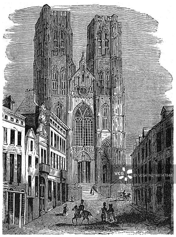 圣弥额尔圣古都拉主教座堂（圣古都拉主教座堂）的古老雕刻插图，该教堂是位于比利时布鲁塞尔市中心的一座中世纪罗马天主教主教座堂图片素材
