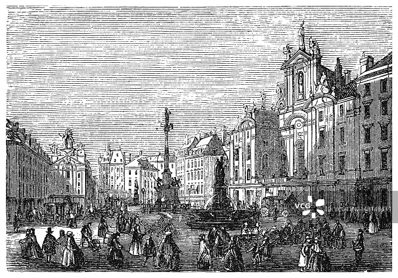老式雕刻插图：维也纳霍夫广场（维也纳历史中心）图片素材