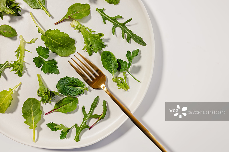 白色背景盘子里的草药特写，加利福尼亚州，美国图片素材