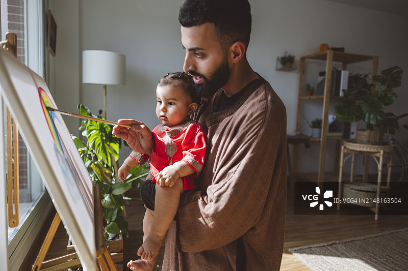 穆斯林父亲和女儿温馨的夜晚阅读时光图片素材