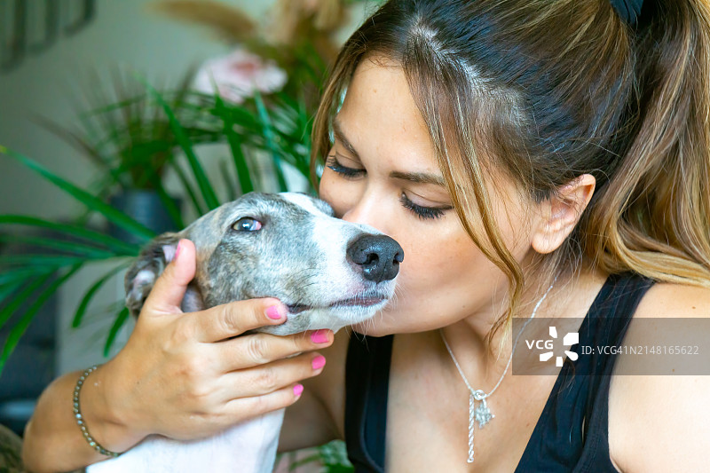 亲吻灰狗的女人特写图片素材