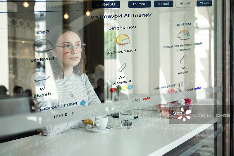 女人在智能窗户上看天气预报图片素材