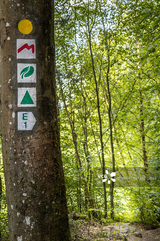 从孔斯多夫到埃希特纳赫的E1徒步路线标志图片素材
