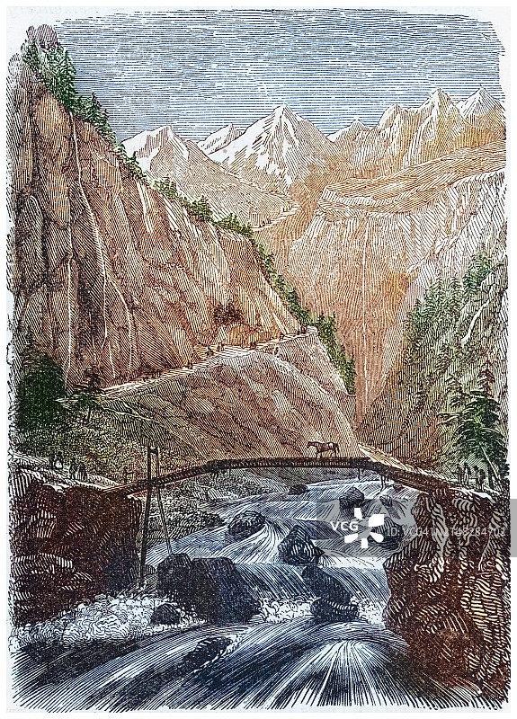 挪威山桥老式雕刻插图图片素材