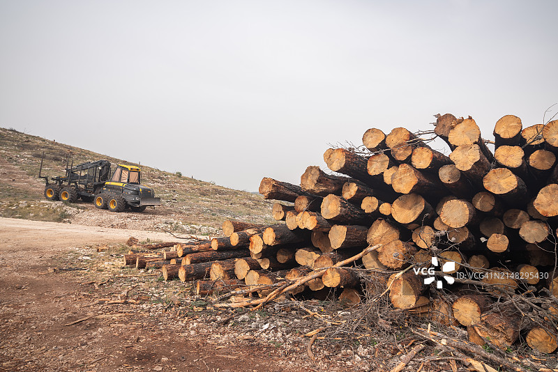 堆放在地上的一堆木头，背景是一辆大卡车图片素材