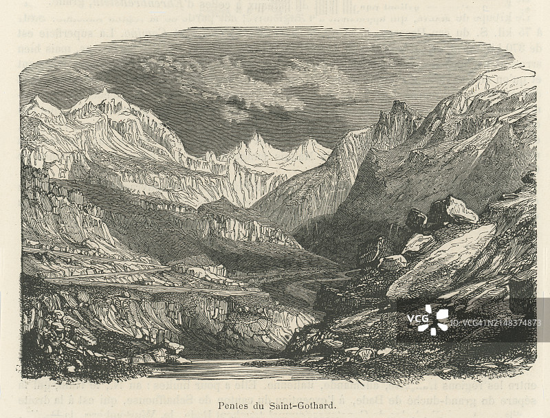 圣哥达山口古版画，阿尔卑斯山脉中的山口，连接瑞士北部和南部图片素材