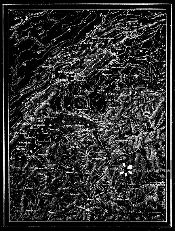勃朗峰（“白色山脉”）的古老雕刻地图，勃朗峰是阿尔卑斯山脉和西欧最高的山峰，以及日内瓦湖，一个位于阿尔卑斯山北侧的深湖，由瑞士和法国共享图片素材