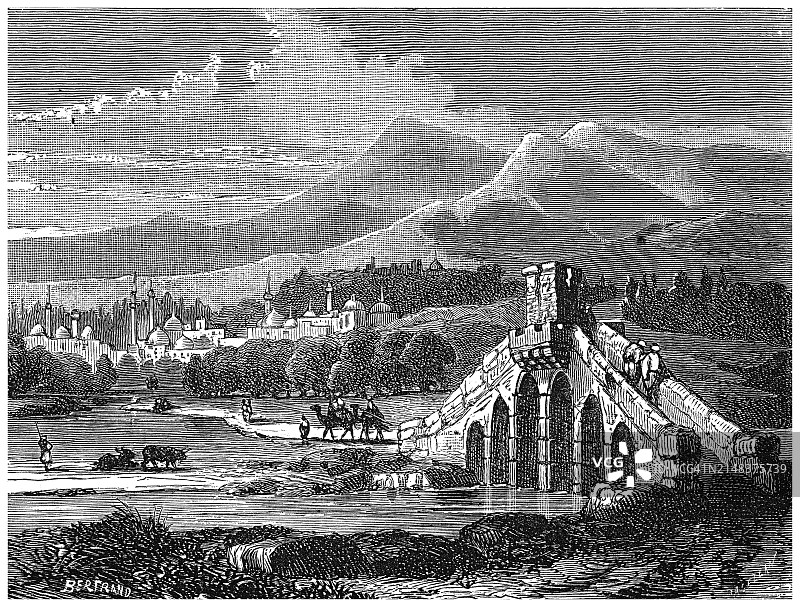 土耳其布尔萨（土耳其西北部城市）和巴耶济德二世清真寺（土耳其马尔马拉地区）的古老雕刻插图图片素材