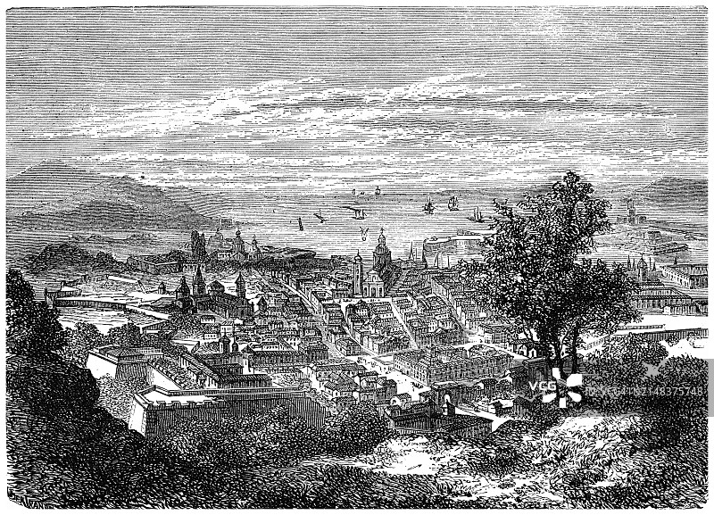 墨西拿古老雕刻插图，意大利墨西拿省的港口城市和首府图片素材