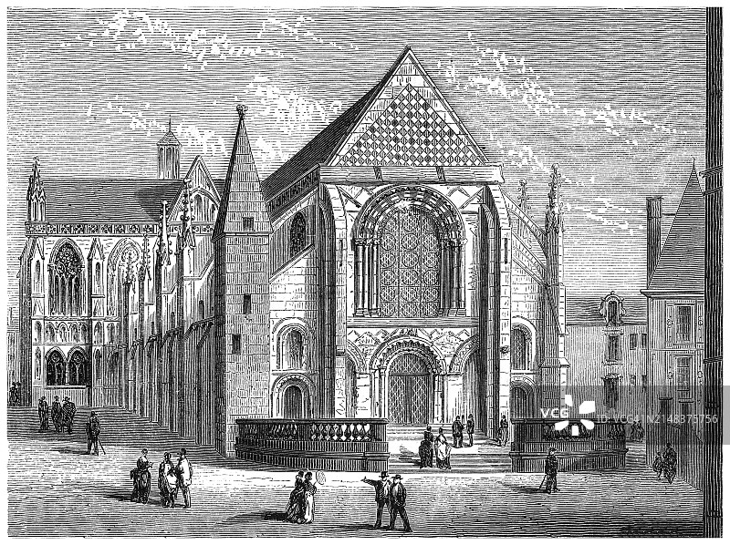 法国西北部萨尔特河畔的城市勒芒古董雕刻插图：勒芒大教堂，位于法国勒芒的天主教堂图片素材