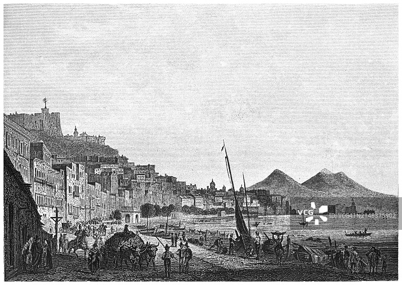 那不勒斯古旧雕刻插图，意大利第三大城市图片素材