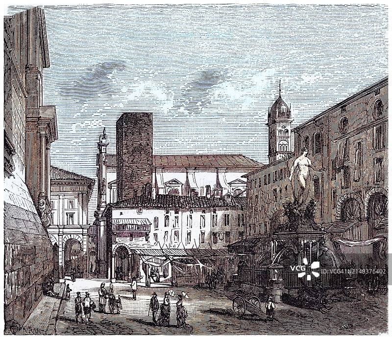 意大利北部艾米利亚-罗马涅地区博洛尼亚市古版画插图图片素材