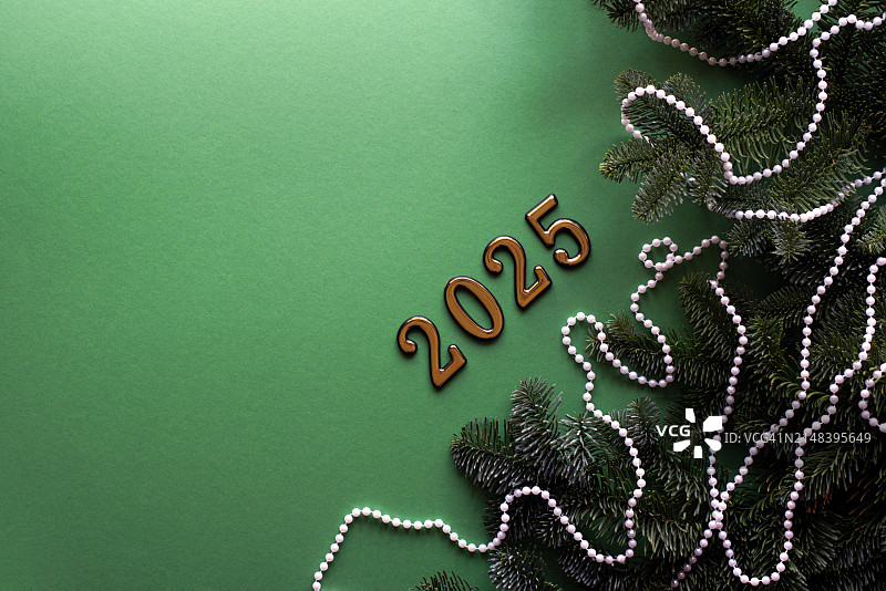 2025年新年圣诞节假日：带有圣诞树枝的纯色背景上的2025新年数字图片素材