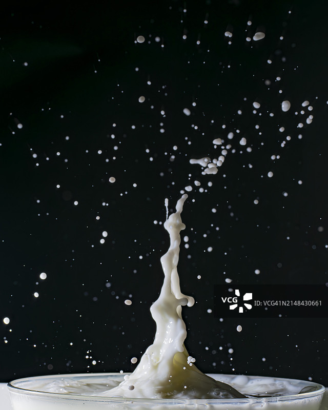 黑色背景牛奶中牛奶飞溅特写图片素材