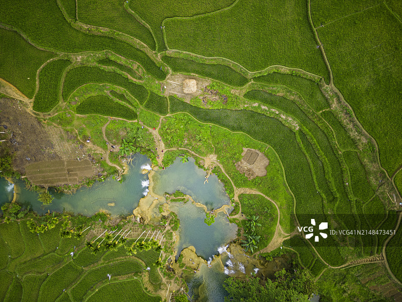 梯田和Kacura瀑布附近的小屋图片素材