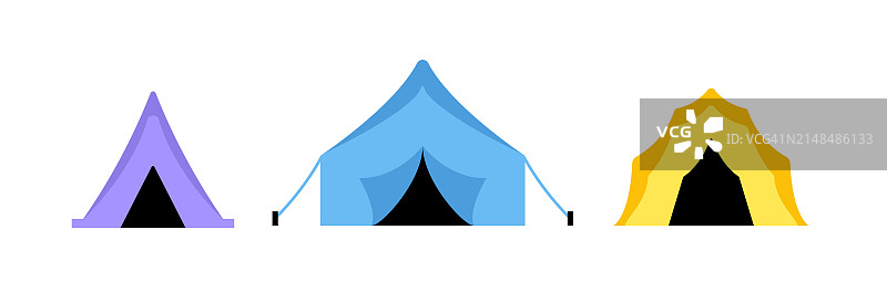 彩色露营帐篷：紫色、蓝色和黄色户外旅行帐篷图片素材