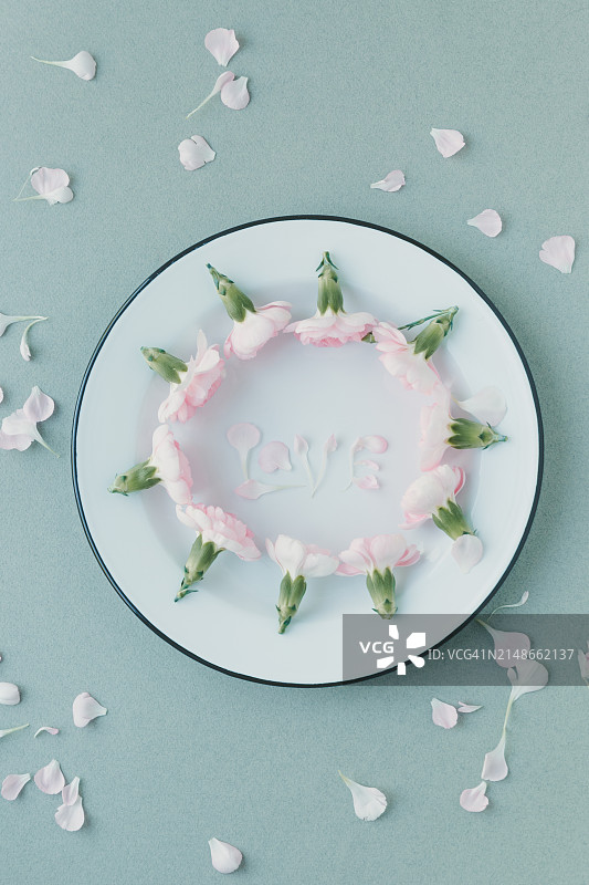 康乃馨排列在一个盘子上，花瓣拼出“爱”字，带有文案空间图片素材