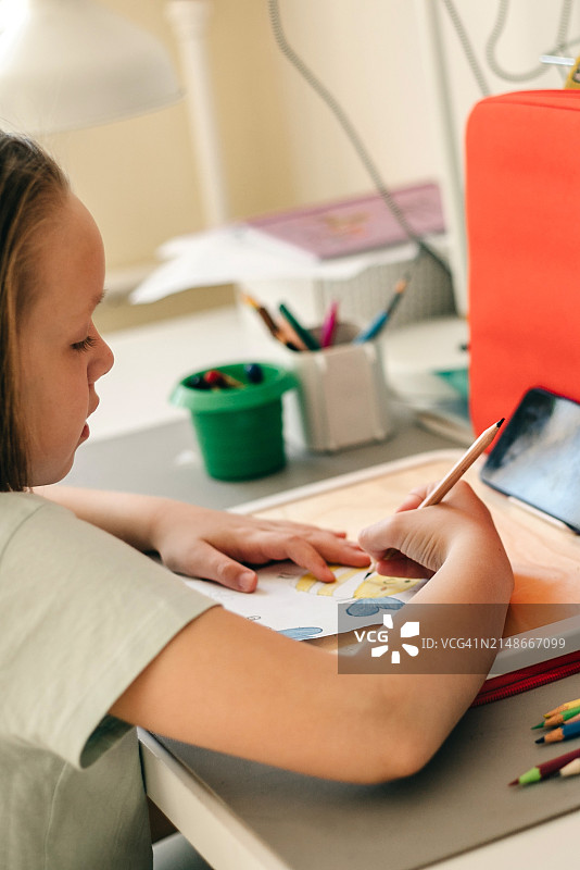 女孩用铅笔画蜜蜂的侧视图图片素材