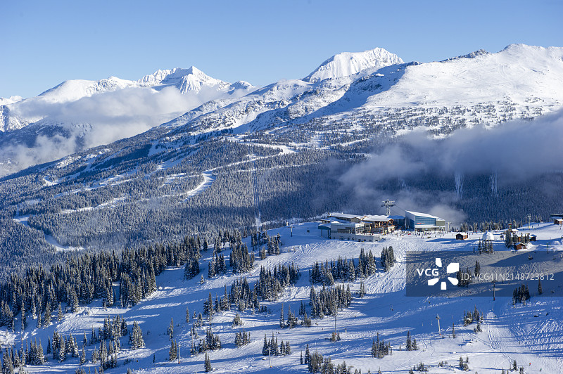 冬季山间滑雪缆车站的鸟瞰图图片素材