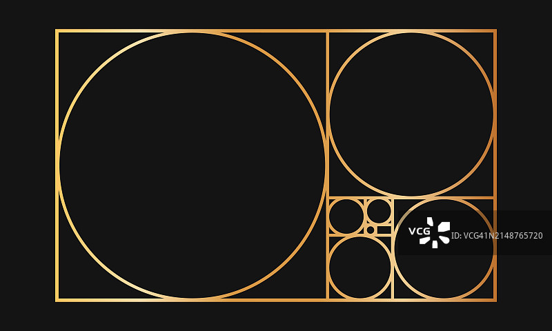 黄金比例模板：金色矩形框架，斐波那契数列网格矢量图图片素材